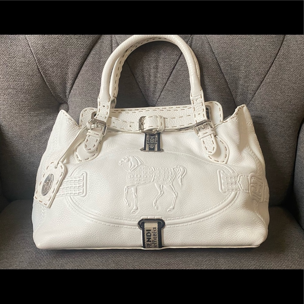 Authentic Fendi white leather Villa Selleria Borghese tote